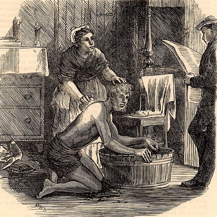 A coal miner cleaning up after work with the help of his wife. Before the days of piped water and pit-head baths, after a day hewing coal underground the miner had only a tub on the living room floor filled with water from an outside pump to wash away the coal dust from his skin. Northumberland and Durham Coalfield, England. Engraving from 'The Graphic' (London, 18 February 1871).