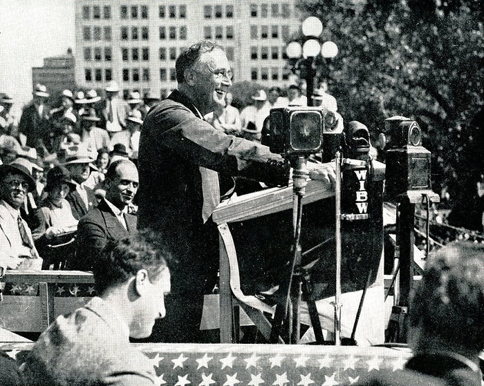 The New Deal: Franklin Delano Roosevelt (1882-1945) 32nd President of the USA at Topeka, on the 1932 campaign trail, addressing American farmers and telling them that the New Deal would work for them too.