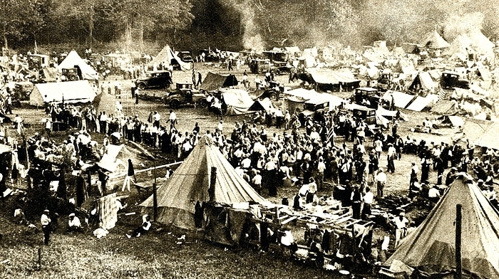 The American Depression, 1930s: Camp outside Washington of the ex-servicemen who marched on the city asking for the  bonuses promised to them to be paid in a lump sum.  The government could not grant their request due to a budget deficit.