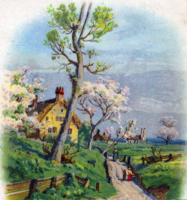 An English country track in springtime: church and thatched cottages in background, fruit trees in blossom. Chromolithograph c1890.