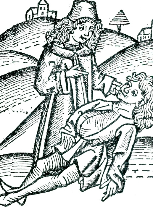 Physician applying a Bezoar stone to a victim of poisoning. The stone was extracted from the gall-bladder or stomach of an animal such as a goat or an antelope.  Bezoar is a corruption of a Persian word meaning counter-poison. From Johannis de Cuba 'Ortus sanitatis', Strasbourt, 1483.