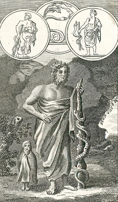 Aesculapius (Asklepios) Roman and Greek god of healing, son of Apollo and Hygeia, with his symbol of a serpent entwined round a staff.  Engraving, 1798.