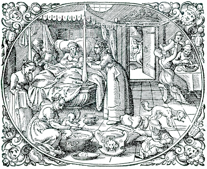 A confinement showing complete lack of hygiene with people eating and drinking, a child playing, and a dog gnawing a bone, all in the same room in which a baby has just been delivered.  From Pliny 'Naturalem Historiam', Frankfurt-am-Main, 1582.  Woodcut.