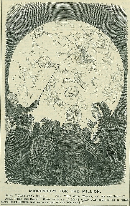 Microscopy for the Millions': A member of the audience frightened by a lantern slide showing the forms of life in a typical drop of London water.  Cartoon by Charles Samuel Keene (1823-1891) for 'Punch', London, 1878.