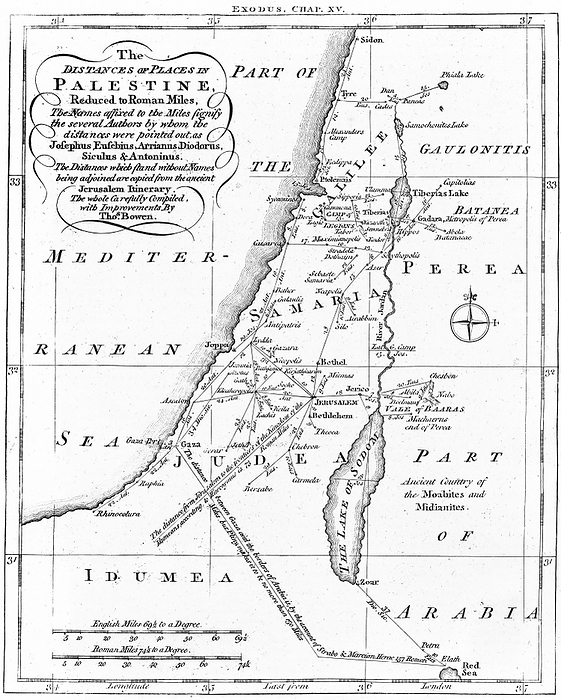 Map of Palestine showing distances in Roman miles. Based on various ancient authors and the ' Jerusalem Itinerary'. Engraving c1830.