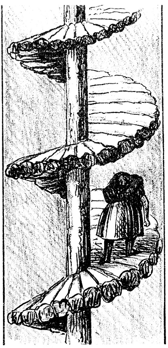 Woman carrying a load of coal up a 'turnpike'  spiral stair - Scotland. From Matthias Dunn 'A Treatise on the Winning and Working of Collieries', Newcastle-upon-Tyne, 1848. Engraving