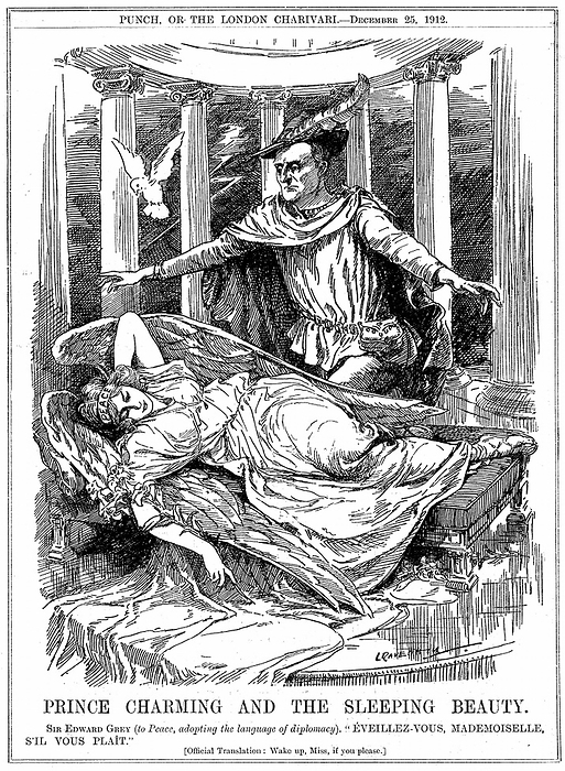 Sir Edward Grey (lst Viscount of Fallodon)  British Foreign Secretary 1905-1916. Here waking Peace after the successful Peace Conference held in London, December 1912, ending the First Balkan War.  Cartoon by L. Ravenhill for 'Punch', London, 25 December 1912