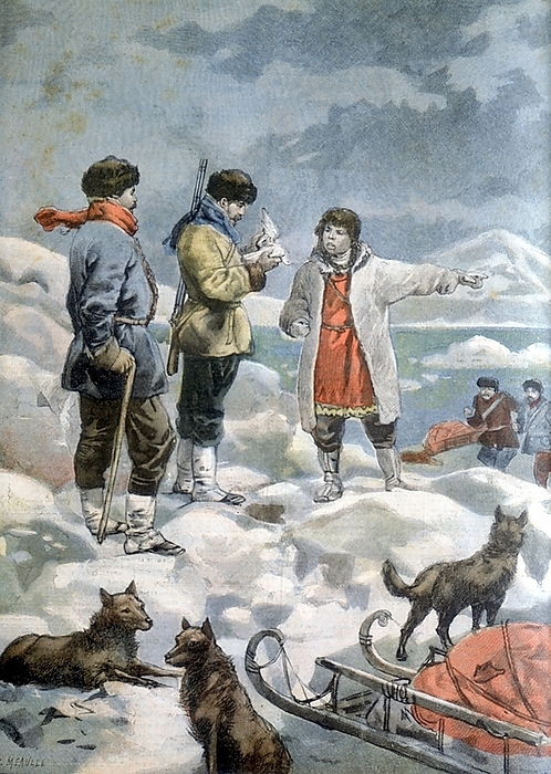 Search for the Andree expedition of 1897 which attempted to reach the North Pole by balloon. All members of expedition perished. Salomon August Andree's body found in 1930. Here the captain of the whaler 'Thistle' is being shown the body of one of the carrier pigeons Andree had taken with him. From 'Le Petit Journal', Paris, 4 September 1898.