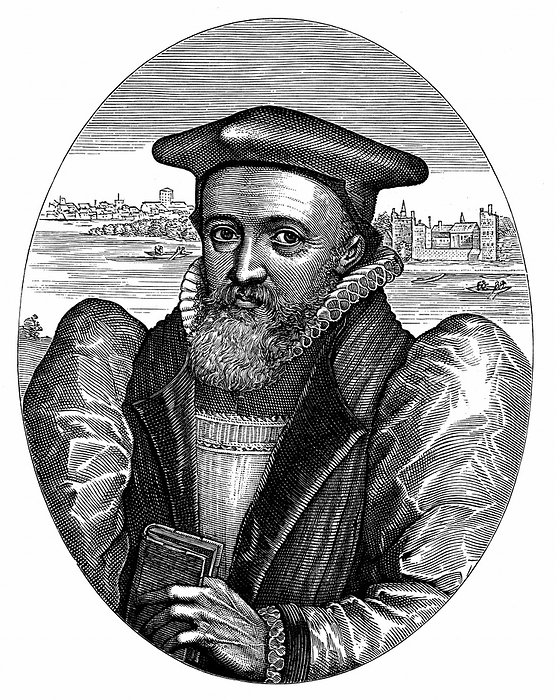 George Abbott (1562-1633). English cleric; Archbishop of Canterbury 1611, holding prayerbook(?) supporter of Puritans. From 17th century engraving by Simon Pass