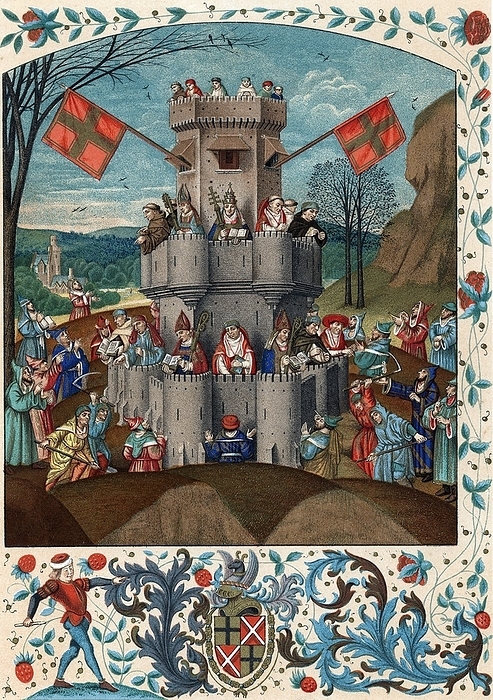 Fortress of Faith, besieged by unbelievers and heretics, defended by the Pope, bishops monks, clerics and theologians. Chromolithograph after 15th century French manuscript