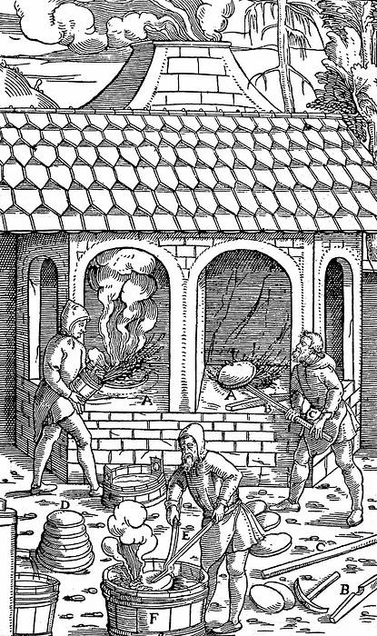 Refining copper: removing cakes of copper from the crucible and quenching in a tub of water. From Agricola 'De re metallica', Basle, 1556. Woodcut