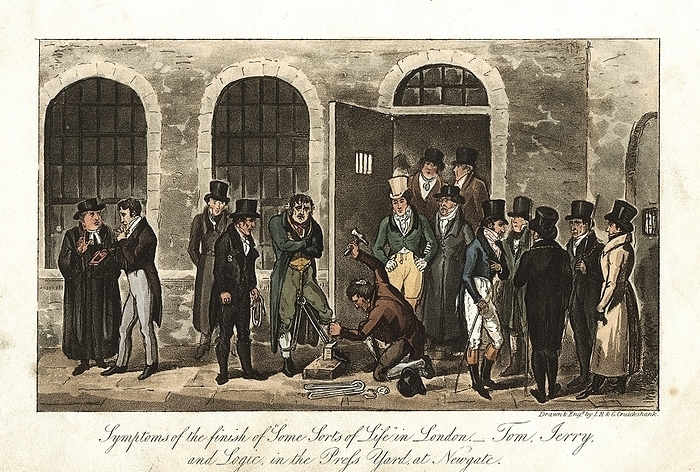 Tom, Jerry and Logic in the Press Yard, Newgate prison, London, watching shackles being removed, while clergyman, left, waits to accompany convict to scaffold. Illustration by IR&G Cruickshank for Pierce Egan 'Life in London', 1821. Aquatint.