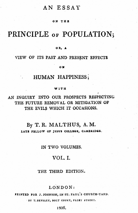 Title page of first volume of third edition (1806) of Malthus 'Essay on the Principle of Population': first edition 1798. Thomas Robert Malthus (1766-1834) English cleric and economist: advocate of population control