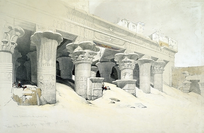 Portico of the sandstone Temple of Edfu (Idfu or Behdet) dedicated to falcon-headed god Horus. Lithograph after watercolour by Scottish artist David Roberts (1796-1864) dated 28 November 1838.