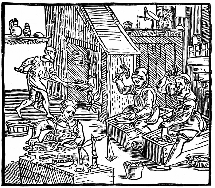 Coiners at work: Interior of a mint showing coins being stamped out and weighed to see they contain correct amount of metal.  From Ralph Holinshead 'Chronicles of England, Scotlande and Irelande' 1577. Debasement of coinage by clipping was a problem until the introduction of coins with milled (patterned) edges in late 17th/ early 18th century. Woodcut .