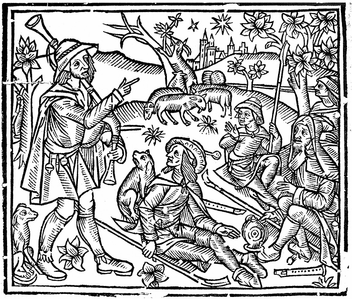 Shepherds with their flocks and dogs. Figure on left is holding bagpipes and, as well as crooks for handling the sheep, there are woodwind instruments on the ground.  Woodcut from early 16th century English edition of 'The Shepheards Kalendar'.