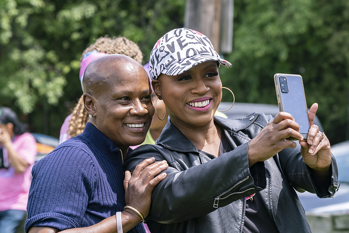Black Trans Lives Matter in Boston June 12, 2021, Boston, Massachusetts, USA: Rep. Ayanna Pressley  D MA R  tales a selfie with a rally goers at Black Trans Lives Matter rally at in Boston.   Photo by Keiko Hiromi AFLO  