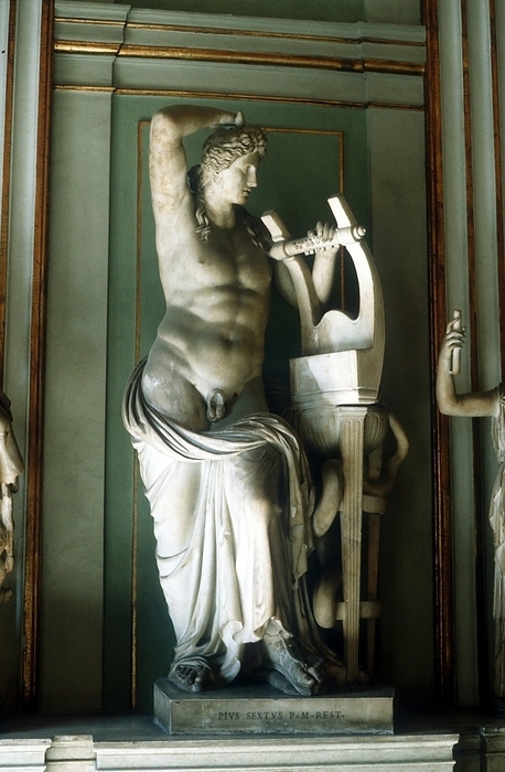 Apollo with lyre: In Greek pantheon, god of music, poetry, archery, prophecy and healing and sometimes identified with the Sun (Helios):  The model of manly beauty. Roman marble statue