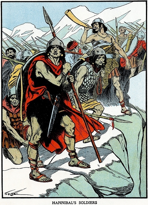 Carthaginian general Hannibal's army crossing the Alps 218 BC to do battle with the Romans. Second Punic War. Early 20th century illustration.