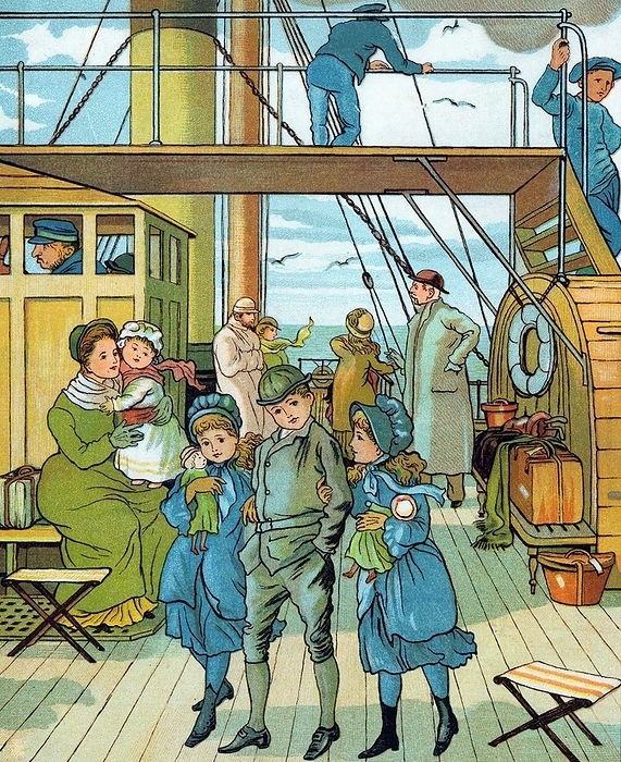 English family taking the air on deck crossing the English Channel on a steamer on their way to France for a continental holiday. Little girls, arm-in-arm with older brother, clutch their dolls. Wind blows scarves and bonnet ribbons nearly horizontal. On deck are folding stools, luggage on bench, and leather hatbox.  Chromolithograph  1886.