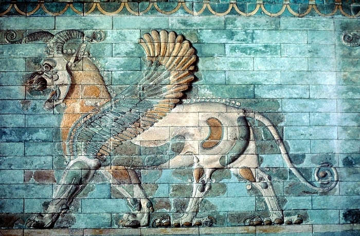 Ancient Persia, Achaemenid Period (530-330 BC) Griffin-Lion relief in glazed brickwork. Louvre, Paris.