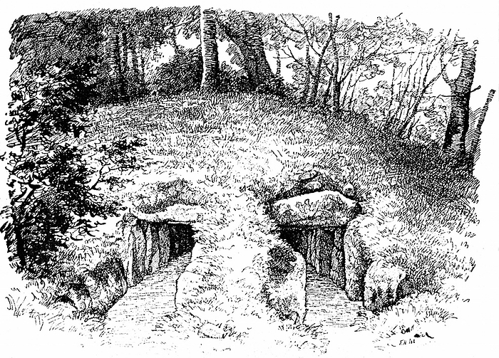 Stone Age tumulus at Roddinge, Denmark containing two chambers. From John Lubbock lst Baron Avebury 'Prehistoric Times'  London 1913. Engraving