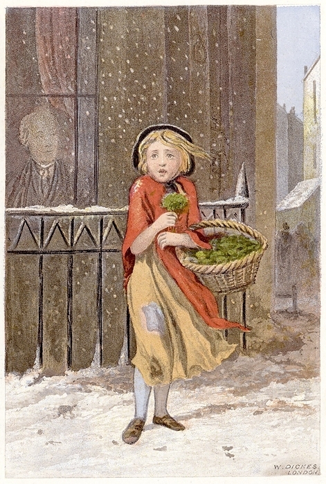 Young girl in rags and wearing a shawl, selling watercress on street in a corner in a snowstorm. Chromolithograph London c1880
