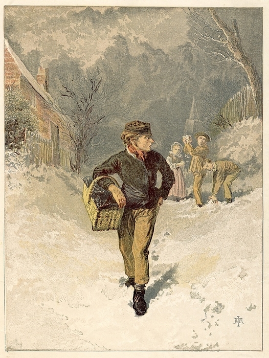 The Doctor's Boy:  Errand boy on his way to deliver medicines on a winter's day. Coatless and gloveless and nose red from cold, he is a target for snowballs thrown by children who can play rather than work.  Colour-printed engraving London 1866.