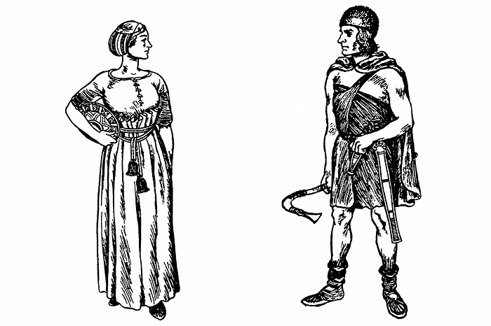 Reconstruction of costume of Germanic tribes in Ancient Roman times. Engraving.