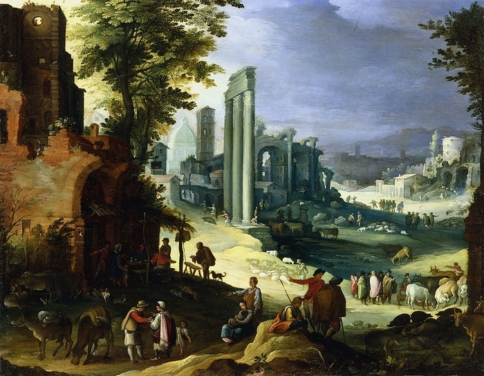 View of Forum, Rome, with ruins of temple of Castor and Pollux and the Basilica of Maximus.   Shepherds, swineherds and cattle drovers and their beasts bring their flocks to the pool and water trough in the centre.Artist Paul Brill (1554-1626). Private Collection.