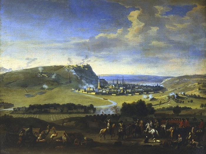 The Siege of Namur.  Scene before the final attack, 5 August 1695 when the attackers finally took the town from the French. In foreground William III king of England in grey with prince Emmanuel of Bavaria and their staff.  War of the Grand Alliance (Dutch, Spanish, German, England).     Jan van Huchtenburg (1647-1733). Oil on canvas. Private collection.