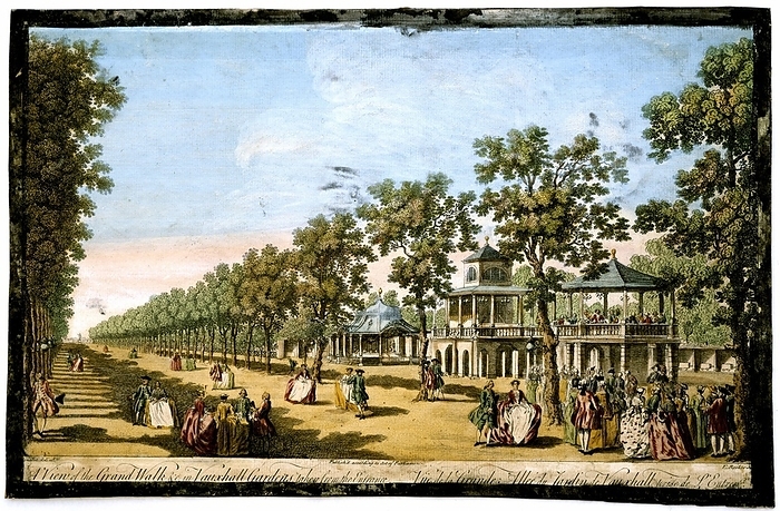 'View of the Grand Walk etc. in Vauxhall Gardens taken from the Entrance'.  Vauxhall Gardens was one of the great pleasure grounds of London and this image of 1751 shows a formal avenue of trees, a bandstand (right), and fashionably dressed men and women. Engraving by English engraver and draughtsman Edward Rooker (c1712-1774) after the painting by Antonio Canaletto (1697-1768) Italian.    Hand-coloured engraving c1760.
