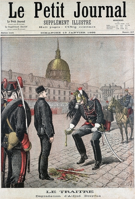 Alfred Dreyfus (c1859-1935) French army officer of Jewish extraction, wrongly accused of passing secret documents to the Germans, being disgraced as a traitor and degraded by having his sword broken and all signs of rank removed from his uniform. From 'Le Petit Journal' Paris,  18 January 1895.