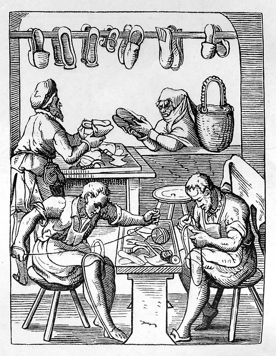 The Shoemaker.   Master craftsman serves female customer at shop window, while his two assistants sew shoes from pieces of leather their master has cut out on his workbench. Woodcut by Jost Amman (1535-1591) Swiss engraver.