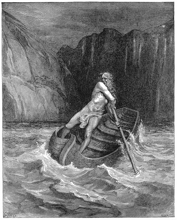 Charon the ferryman rowing to collect Dante and his guide, Virgil, to carry them across the Styx. Illustration by Gustave Dore for Dante 'Inferno', Canto III. Wood engraving 1861.