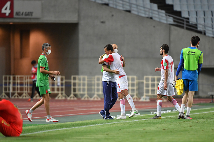 2022 FIFA World Cup Asia 2nd Preliminary Round Tajikistan head coach Usmon Toshev celebrates with players after winning the FIFA World Cup Qatar 2022 Asian Qualifier Second Round Group F match between Tajikistan 4 0 Myanmar at Yanmar Stadium Nagai in Osaka, Japan, June 15, 2021.  Photo by JFA AFLO 