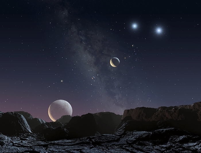 View from an alien planet, artwork View from an alien planet. Computer artwork depicting the view from a hypothetical planet near the star Castor C. Castor C is part of a multiple star system known as Castor, which includes two more stars, Castor A and B  upper right . Castor is one of the brightest stars in the night sky and the second brightest in the constellation Gemini, after its twin, Pollux. Castor A, B and C are located 52 light years from Earth. The constellations represented are correct from this vantage point.