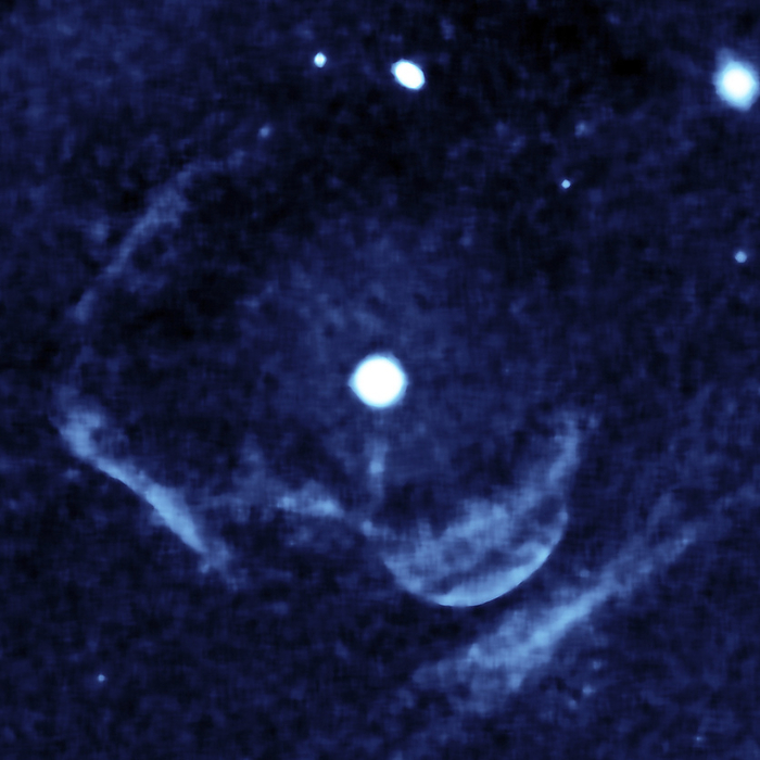 Z Camelopardalis, UV image Z Camelopardalis, far ultraviolet image. Z Camelopardalis  centre, white  is a double star  binary  system. It is composed of a dead star  white dwarf  and a companion star. This is an exploding binary system, in which mass is transferred from the companion star to the white dwarf. When the white dwarf reaches its mass limit, it explodes. In this image clouds of ionised gas, the remnants of an explosion,  nova  are detected surrounding the white dwarf  at left and below . Such explosions usually occur either as recurrent small explosions  recurrent dwarf novae  or single large blasts  classical novae . Z Camelopardalis is thought to have undergone both types of explosions. Image obtained by the Galaxy Evolution Explorer on January 25 2004.