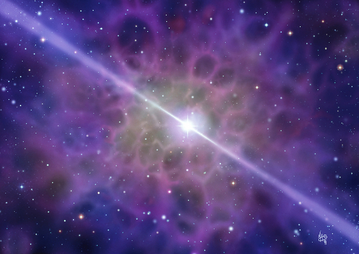Pulsar Pulsar. Computer illustration of a pulsar in its nebulous supernova remnant. Pulsars are rapidly rotating neutron stars which cast out narrow beams of energy as they rotate. Any pulsar whose beam chances to cross Earth will appear to be flashing like a lighthouse, with regular pulses of energy sweeping across Earth. Pulsars rotate extremely fast, with periods ranging from hundredths of seconds to a few seconds. The pulse is visible from radio to X ray wavelengths. Neutron stars form in supernova explosions when the core of a giant star collapses to the density of an atomic nucleus. The star s outer layers are thrown off to form expanding gas shells around the pulsar.
