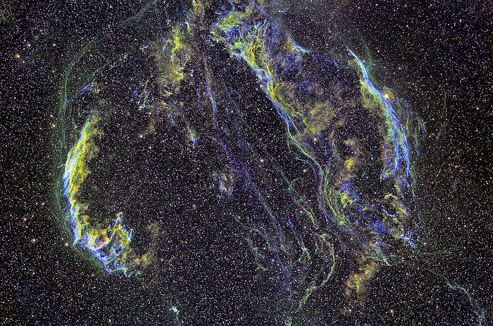 Cygnus Loop supernova remnant Cygnus Loop supernova remnant, optical image. This is a series of shells of gas cast off by a supernova, the explosive death of a massive star. The loop has an apparent diameter four times the width of the full Moon. The shells of gas impact the interstellar medium at great speeds, compressing it into a plasma and causing the gases to emit light. Light emitted by different ionised gases is colour coded: sulphur is red, hydrogen is green and oxygen is blue. It is thought that the supernova responsible for this remnant occurred between 5 8000 years ago. Its distance is uncertain, but is thought to be between 1400 2600 light years. It lies in the constellation Cygnus.
