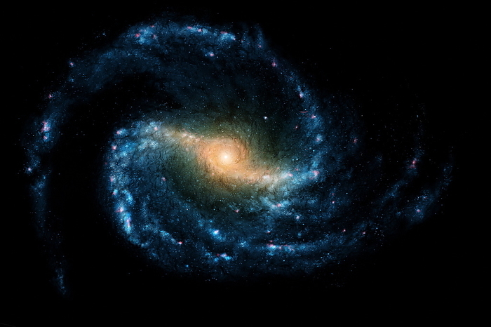 Barred spiral galaxy NGC 1300 Barred spiral galaxy NGC 1300, computer artwork. This galaxy lies around 75 million light years from Earth in the constellation Eridanus. The central bar is some 150,000 light years wide. The blue colour of the spiral arms is due to their high population of hot, young, blue stars, while the orange nucleus contains more older redder stars. Several pink starbirth regions, huge clouds of glowing gas, are seen in the spiral arms. For an image showing a supernova in this galaxy, see image R730 066.