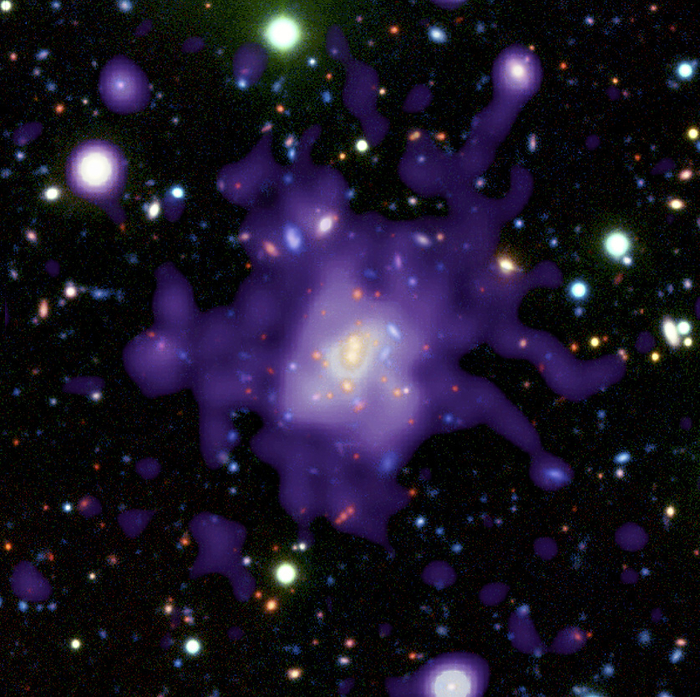 Galaxy cluster RDCS 1252.9 2927 Galaxy cluster RDCS 1252.9 2927, combined optical and X ray image. The optical data shows the galaxies as bright spots, while the X ray data shows a huge cloud of hot gas enveloping the cluster. An important finding was that this gas contains heavy elements from earlier generations of stars. The great distance of this cluster  9 billion light years away in the constellation Hydra , means we see it as it was in the early universe. The data shows that the cluster contains mature galaxies, despite being only 5 billion years old, supporting theories about the formation of galaxies and galaxy clusters. The results, from the Very Large Telescope and the Chandra X ray observatory, were obtained in 2004 and published in 2005.