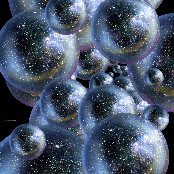 Bubble universes Bubble universes. Conceptual computer artwork of several  bubble  universes that may have formed in the early universe. The term Big Bang describes the expansion of all the matter in the universe from an infinitely compact state 13.7 billion years ago. The inflationary theory proposes that during the Big Bang, conditions known as a false vacuum created a repulsive force that caused an incredibly rapid expansion, much faster than the ordinary expansion observed today. Since this expansion is faster than the speed of light, areas of inflation would form bubbles that would be completely isolated from each other. This artwork could also represent the creation of separate universes as fluctuations in a quantum foam.