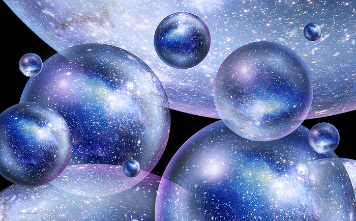 Bubble universes Bubble universes. Conceptual computer artwork of several  bubble  universes that may have formed in the early universe. The term Big Bang describes the expansion of all the matter in the universe from an infinitely compact state 13.7 billion years ago. The inflationary theory proposes that during the Big Bang, conditions known as a false vacuum created a repulsive force that caused an incredibly rapid expansion, much faster than the ordinary expansion observed today. Since this expansion is faster than the speed of light, areas of inflation would form bubbles that would be completely isolated from each other. This artwork could also represent the creation of separate universes as fluctuations in a quantum foam.