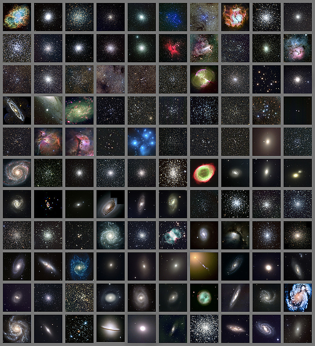 Messier objects, full set Messier objects. These 110 astronomical objects were catalogued by the French astronomer Charles Messier  1730 1817 , a comet hunter who wanted to list the permanent objects in the sky that might be mistaken for comets. They range from the Crab nebula  M1  at top left to the dwarf elliptical galaxy M110 at bottom right. Other notable Messier objects include the Orion nebula  M42, upper left , the Ring nebula  M57, centre right  and the Whirlpool galaxy  M51, centre left edge . Trying to observe all 110 objects in one night is known as the Messier Marathon. This is easiest to accomplish in the spring in the Northern Hemisphere.
