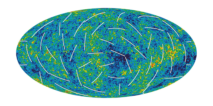 Cosmic microwave background, MAP image Cosmic microwave background. MAP  Microwave Anisotropy Probe  spacecraft whole sky image of the cosmic microwave background. This image uses data obtained in 2003, 2004 and 2005. This map indicates that the age of the universe is around 13.7 billion years. The data also reveal that the universe is expanding at 71 kilometres per second per megaparsec  1 Mpc   3262 light years . The colours reveal variations in the temperature of the universe in all directions. This correlates to the density of material at the time when the universe became transparent to radiation, about 380,000 years after its formation. The denser regions  red, yellow  formed the seeds of galaxies and other structures. The white lines show the polarisation direction of the oldest light.