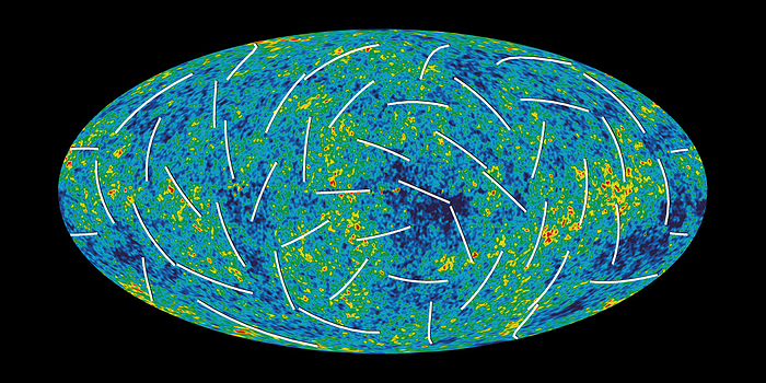 Cosmic microwave background, MAP image Cosmic microwave background. MAP  Microwave Anisotropy Probe  spacecraft whole sky image of the cosmic microwave background. This image uses data obtained in 2003, 2004 and 2005. This map indicates that the age of the universe is around 13.7 billion years. The data also reveal that the universe is expanding at 71 kilometres per second per megaparsec  1 Mpc   3262 light years . The colours reveal variations in the temperature of the universe in all directions. This correlates to the density of material at the time when the universe became transparent to radiation, about 380,000 years after its formtion. The denser regions  red, yellow  formed the seeds of galaxies and other structures. The white lines show the polarisation direction of the oldest light.