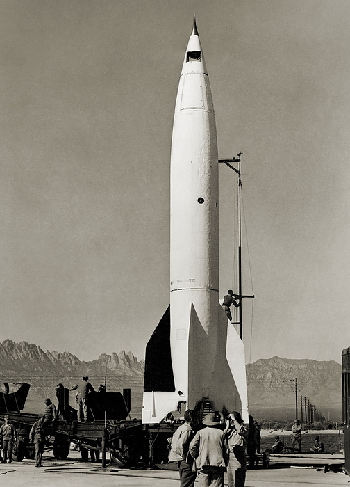 V 2 rocket before early US launch V 2 rocket being prepared for an early US launch, White Sands, New Mexico. After the Second World War a number of German rocket scientists defected to the USA. Amongst these was Wernher von Braun, the head of the Nazi s pioneering V 2 rocket programme. They were taken to the White Sands missile range in New Mexico, where they continued their work. The experiments performed here led directly to the rockets later used for space exploration and for the delivery of nuclear payloads. On 16 April 1946 a V 2 taken from Germany after its defeat was the first to be launched in the US. It was unsuccessful, failing at a height of 5 kilometres, but later launches performed better.