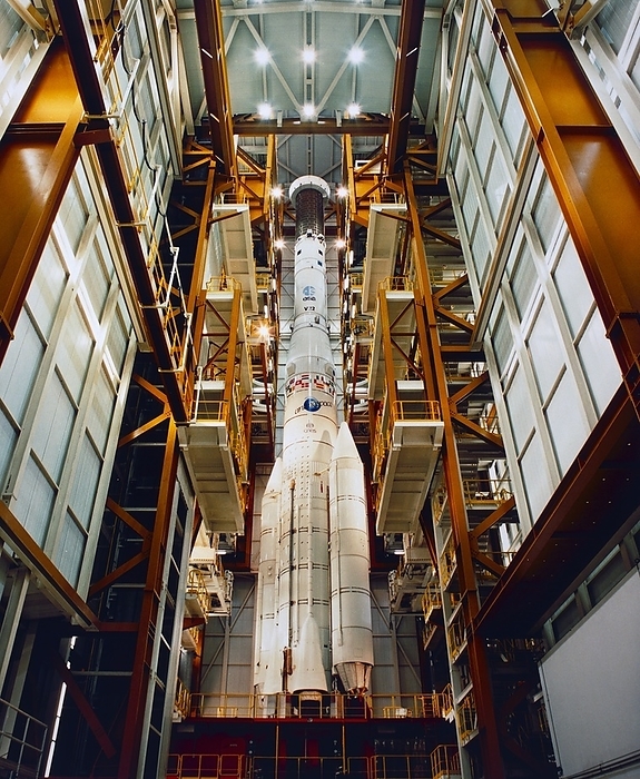 View of the first Ariane 4 rocket during roll out The first Ariane 4 rocket  Ariane 401  of the European Space Agency  ESA  prior to its rollout at ESA s launch base at Kourou, French Guiana, in April 1988. The Ariane 4 is a versatile 3 stage vehicle with 2 4 strap on boosters containing either solid or liquid fuel. In this picture, it is seen with 2 liquid propellant boosters  LPBs . Ariane 4 stands 60 metres tall,   can lift payloads of 1900 4800 kg  4190 2960 lbs  into geostationary orbit. Ariane 401 was launched on 15 June 1988,   carried 3 satellites into orbit: Pan American Satellite 1, Meteosat P2,   Amsat III C.