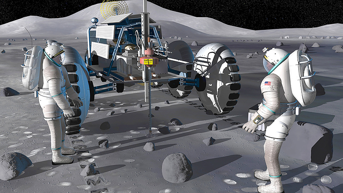 Lunar exploration, Constellation Program Lunar exploration. Artwork of astronauts on the Moon using a drill mounted on a rover to obtain a rock core sample. The astronauts are part of NASA s Constellation Program, a US space program announced in 2004, which is intended to put astronauts back on the Moon by 2020. The Moon is an airless rocky world, with a gravity about a sixth of that of Earth. By going to the Moon, astronauts will be able to search for mineral, water, and fuel resources, and learn how to work safely in a harsh environment, preparing for later missions to Mars. Studies of Moon rock will provide evidence for theories about planetary formation in the early solar system.